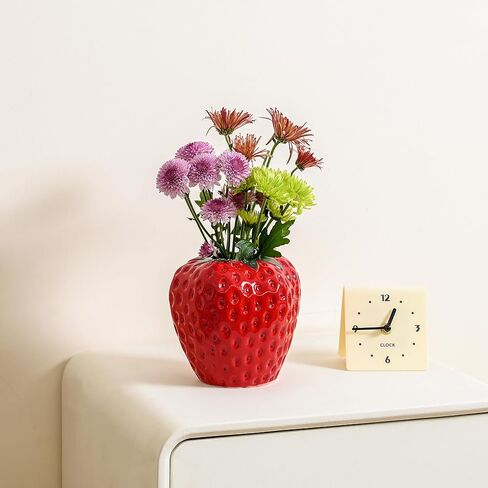 Strawberry Vase for Flowers, Dusty Pink Ceramic Fruit Vase, Strawberry Shaped Planter Pot with Green Leaves and Black Seeds for Table Centerpiece, Home Spring Kitchen Decor in Saudi Arabia