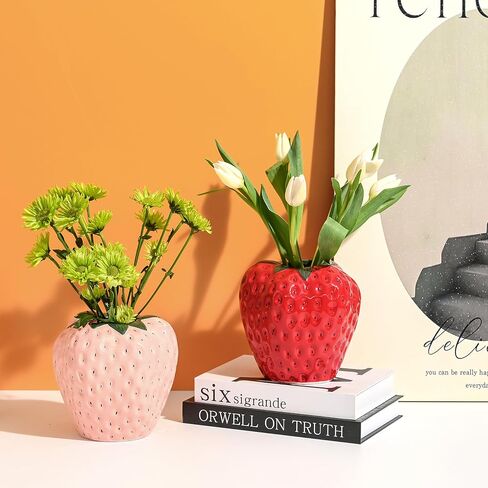 Strawberry Vase for Flowers, Dusty Pink Ceramic Fruit Vase, Strawberry Shaped Planter Pot with Green Leaves and Black Seeds for Table Centerpiece, Home Spring Kitchen Decor in Saudi Arabia