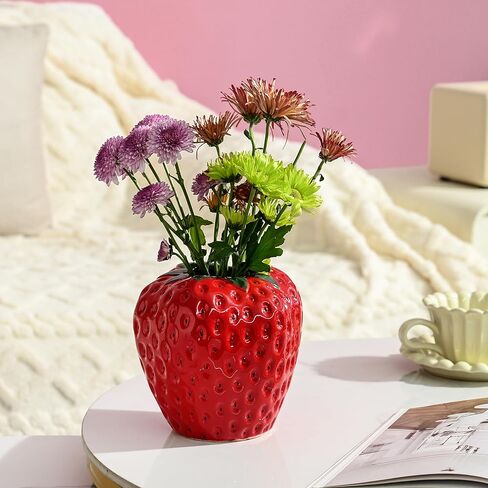 Strawberry Vase for Flowers, Dusty Pink Ceramic Fruit Vase, Strawberry Shaped Planter Pot with Green Leaves and Black Seeds for Table Centerpiece, Home Spring Kitchen Decor in Saudi Arabia