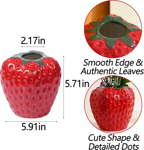 Strawberry Vase for Flowers, Dusty Pink Ceramic Fruit Vase, Strawberry Shaped Planter Pot with Green Leaves and Black Seeds for Table Centerpiece, Home Spring Kitchen Decor in Saudi Arabia
