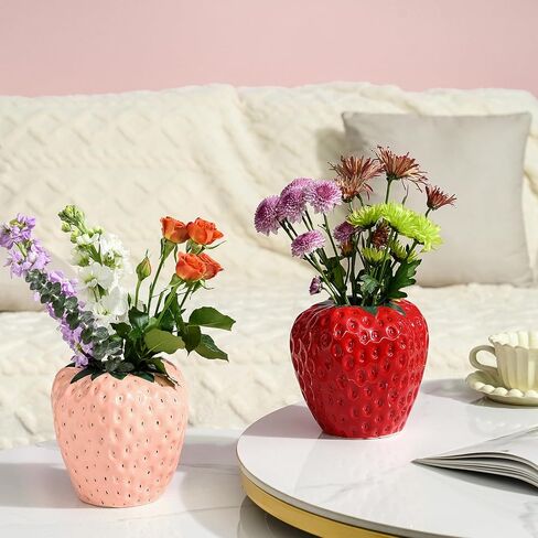 Strawberry Vase for Flowers, Dusty Pink Ceramic Fruit Vase, Strawberry Shaped Planter Pot with Green Leaves and Black Seeds for Table Centerpiece, Home Spring Kitchen Decor in Saudi Arabia