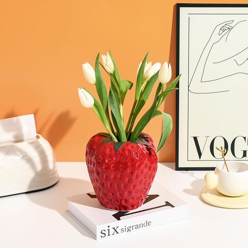 Strawberry Vase for Flowers, Dusty Pink Ceramic Fruit Vase, Strawberry Shaped Planter Pot with Green Leaves and Black Seeds for Table Centerpiece, Home Spring Kitchen Decor in Saudi Arabia