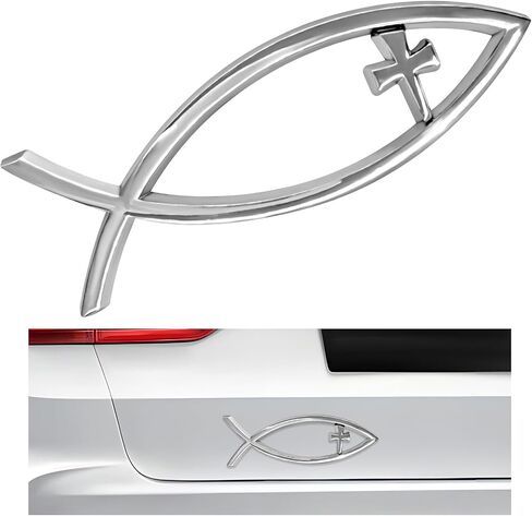 Christian Cross Fish Car Emblem, Large Jesus Fish Cross Auto Emblem Badge Bumper Sticker, Weatherproof Christian Fish Symbol Ichthus Cross Emblem Decal for Most Vehicles (Silver) in Saudi Arabia