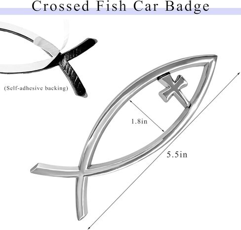 Christian Cross Fish Car Emblem, Large Jesus Fish Cross Auto Emblem Badge Bumper Sticker, Weatherproof Christian Fish Symbol Ichthus Cross Emblem Decal for Most Vehicles (Silver) in Saudi Arabia