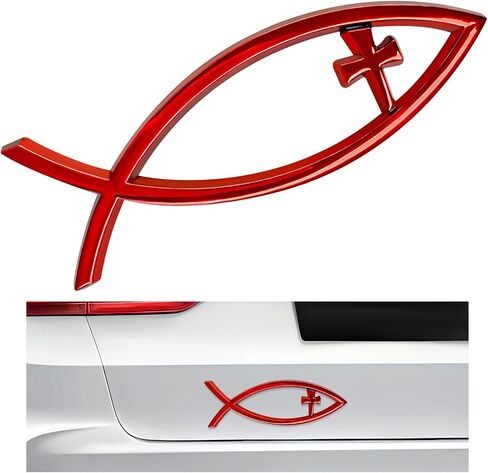 Christian Cross Fish Car Emblem, Large Jesus Fish Cross Auto Emblem Badge Bumper Sticker, Weatherproof Christian Fish Symbol Ichthus Cross Emblem Decal for Most Vehicles (Silver) in Saudi Arabia