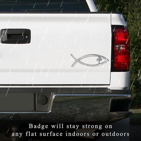 Christian Cross Fish Car Emblem, Large Jesus Fish Cross Auto Emblem Badge Bumper Sticker, Weatherproof Christian Fish Symbol Ichthus Cross Emblem Decal for Most Vehicles (Silver) in Saudi Arabia