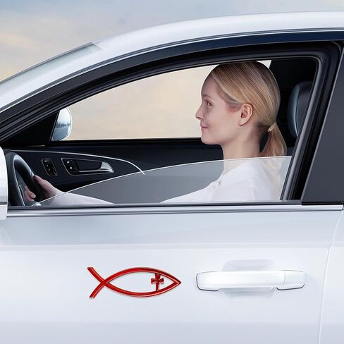 Christian Cross Fish Car Emblem, Large Jesus Fish Cross Auto Emblem Badge Bumper Sticker, Weatherproof Christian Fish Symbol Ichthus Cross Emblem Decal for Most Vehicles (Silver) in Saudi Arabia