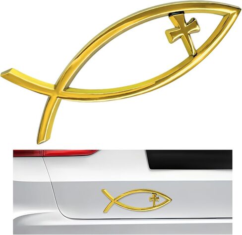 Christian Cross Fish Car Emblem, Large Jesus Fish Cross Auto Emblem Badge Bumper Sticker, Weatherproof Christian Fish Symbol Ichthus Cross Emblem Decal for Most Vehicles (Silver) in Saudi Arabia
