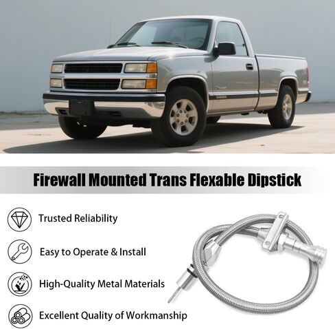 Firewall Mounted Trans Flexable Dipstick with Stainless Steel Braided Housing Compatible for GM Chevy 4L80E / 700R4 / 4L60E Transmissions, with Funnel Adapter Tube, Sliver in Saudi Arabia