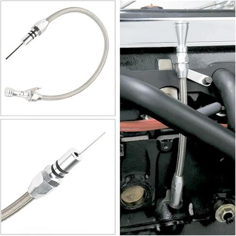Firewall Mounted Trans Flexable Dipstick with Stainless Steel Braided Housing Compatible for GM Chevy 4L80E / 700R4 / 4L60E Transmissions, with Funnel Adapter Tube, Sliver in Saudi Arabia