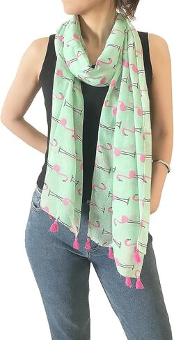 stylesilove Lightweight Womens Flamingo Tassels Soft Cotton Scarf Shawl in Kuwait