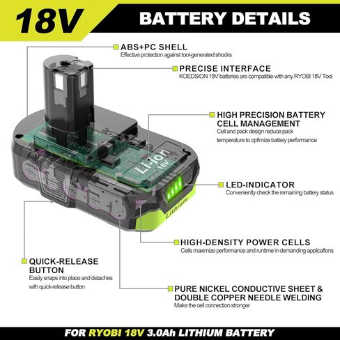 18v 3.0Ah Replacement Lithium ion Batteries 2-Pack and Charger Combo, Replacement for Ryobi 18V Battery 3000mAh, Compatible with Ryobi one+ 18-Volt Cordless Power Tools and Charger. in Kuwait