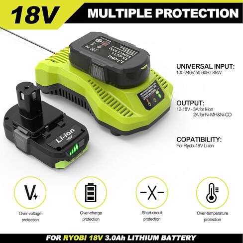 18v 3.0Ah Replacement Lithium ion Batteries 2-Pack and Charger Combo, Replacement for Ryobi 18V Battery 3000mAh, Compatible with Ryobi one+ 18-Volt Cordless Power Tools and Charger. in Kuwait
