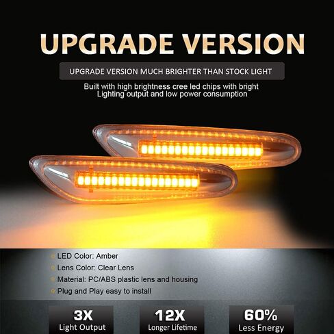 D-Lumina Chrome Sequential Amber LED Side Marker Lights Turn Signal Lamp for BMW E90 E91 E92 E93 E46 E53 E60 E61 X3 E83 X1 E84 E81 E82 E87 E88 Side Marker Light, Clear Lens Side marker, Pack of 2 in Saudi Arabia