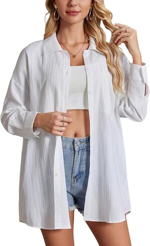Womens Button Down Shirts Oversize Casual Boyfriend Long Sleeve Button Up Shirt Women Plus Size Blouses Tops with Pocket in Kuwait