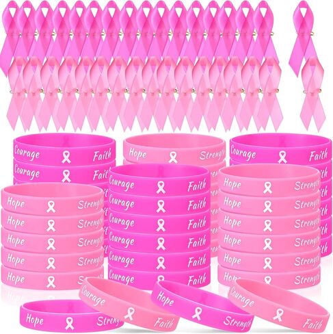 Sratte 400 Pcs Breast Cancer Awareness Lapel Pins and Pink Ribbon Bracelets, 200 Rubber Wristbands, 200 Pink Ribbon Pins, Breast Cancer Awareness Accessories for Women Public Events Decorations Gifts in Saudi Arabia