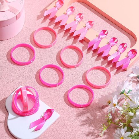 Sratte 400 Pcs Breast Cancer Awareness Lapel Pins and Pink Ribbon Bracelets, 200 Rubber Wristbands, 200 Pink Ribbon Pins, Breast Cancer Awareness Accessories for Women Public Events Decorations Gifts in Saudi Arabia