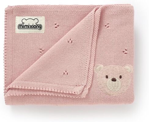 Organic Cotton Baby Blanket Neutral Knitted Soft Crib Blankets | Pointelle Nursery Swaddling Receiving Blankets for Newborn Baby Boy Girl with Cute Stitching Bear 40x30 Inch in Saudi Arabia