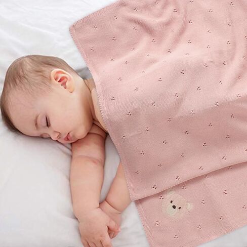 Organic Cotton Baby Blanket Neutral Knitted Soft Crib Blankets | Pointelle Nursery Swaddling Receiving Blankets for Newborn Baby Boy Girl with Cute Stitching Bear 40x30 Inch in Saudi Arabia