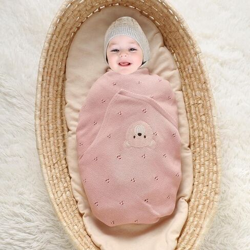 Organic Cotton Baby Blanket Neutral Knitted Soft Crib Blankets | Pointelle Nursery Swaddling Receiving Blankets for Newborn Baby Boy Girl with Cute Stitching Bear 40x30 Inch in Saudi Arabia