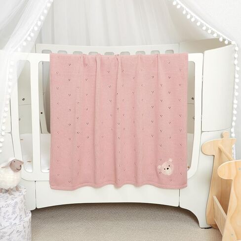 Organic Cotton Baby Blanket Neutral Knitted Soft Crib Blankets | Pointelle Nursery Swaddling Receiving Blankets for Newborn Baby Boy Girl with Cute Stitching Bear 40x30 Inch in Saudi Arabia