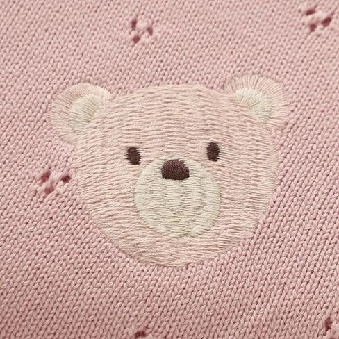 Organic Cotton Baby Blanket Neutral Knitted Soft Crib Blankets | Pointelle Nursery Swaddling Receiving Blankets for Newborn Baby Boy Girl with Cute Stitching Bear 40x30 Inch in Saudi Arabia