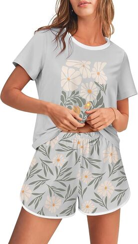 Ekouaer Women's Pajama Sets 2 Piece Lounge Sets Summer Pj Sets Cute Graphic Floral Tees and Shorts with Pockets in Saudi Arabia