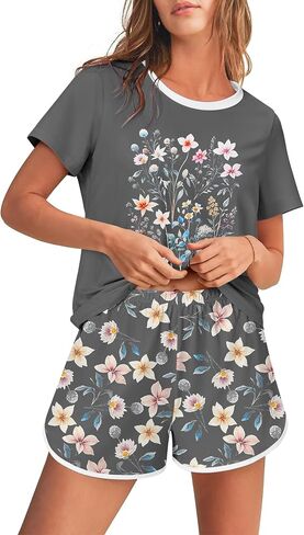 Ekouaer Women's Pajama Sets 2 Piece Lounge Sets Summer Pj Sets Cute Graphic Floral Tees and Shorts with Pockets in Saudi Arabia