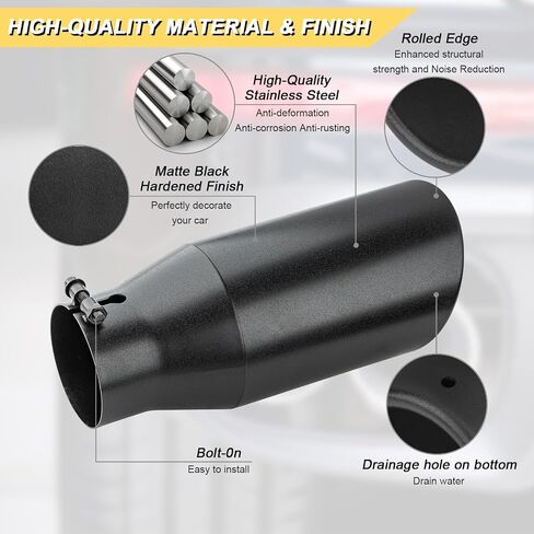 3.5 inch Inlet Exhaust Tip, 5" Outlet 12" Overall Length Stainless Steel Exhaust Tail Pipe, Bolt-On, Rolled Edge, Slant Sleek Angle Cut, Polished Tailpipe, Black in Saudi Arabia