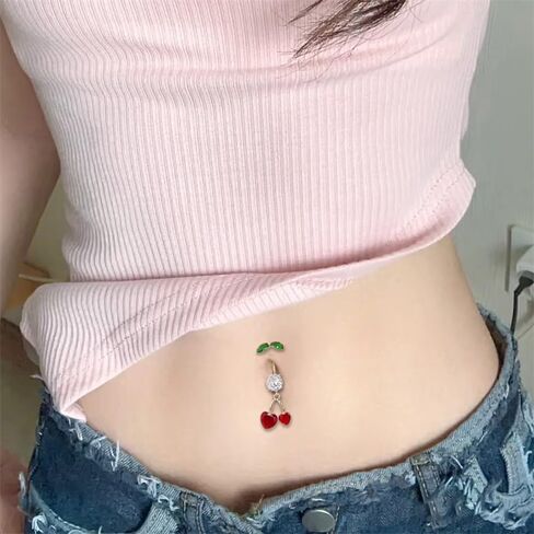 لطيف 316L الصلب الجراحي CZ DANGER BELLY BELLY RING 14G CRYSTER Cherry Belly Belly Rings Navel Curved Gurved Bodling Body Body Jewelry 3/8 Inch in Saudi Arabia