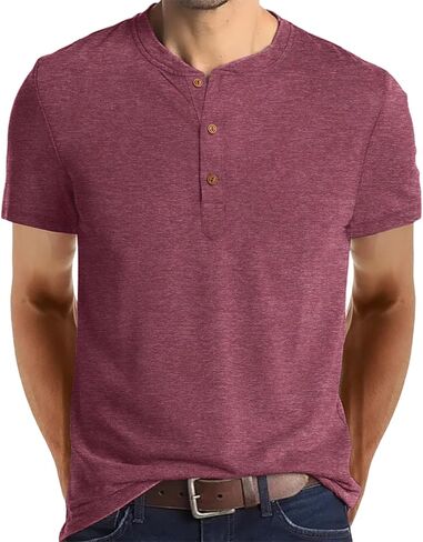 AIMEILGOT MENS HENLEY قمصان قصيرة بأكمام قصيرة غسلت القمصان الرجعية النحيف ناعم القطن الكلاسيكي الصيف المحملات الأساسية in Kuwait