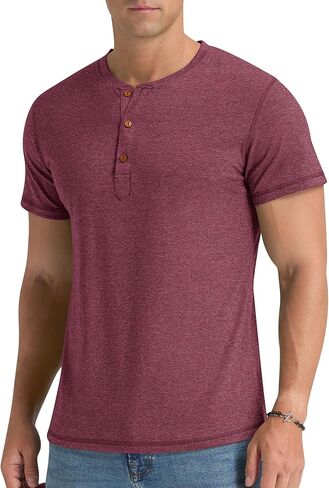AIMEILGOT MENS HENLEY قمصان قصيرة بأكمام قصيرة غسلت القمصان الرجعية النحيف ناعم القطن الكلاسيكي الصيف المحملات الأساسية in Kuwait