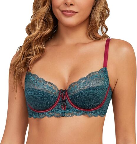 Women's Unlined Lace Balconette Bra Sheer Mesh Underwire Demi Cup Lightweight Support with Natural Push Up Effect in Kuwait