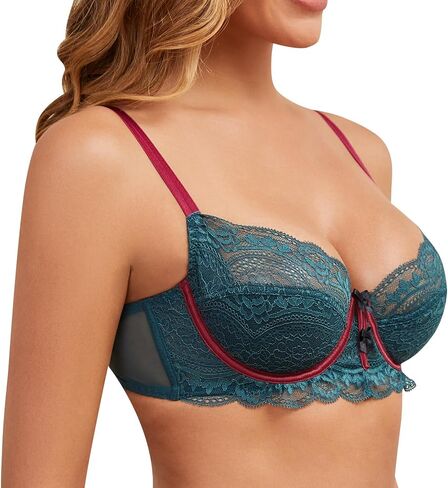 Women's Unlined Lace Balconette Bra Sheer Mesh Underwire Demi Cup Lightweight Support with Natural Push Up Effect in Kuwait