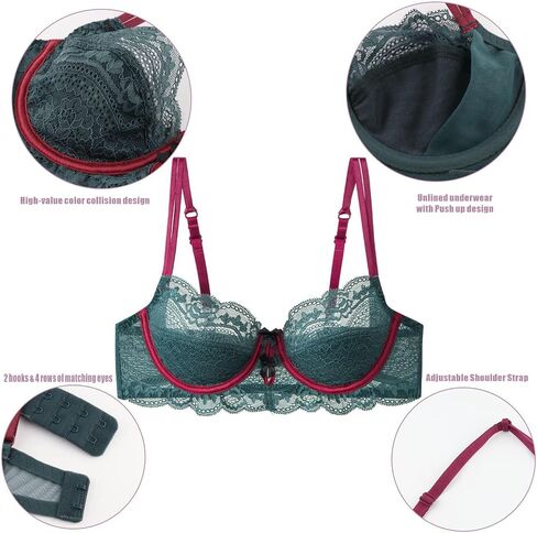 Women's Unlined Lace Balconette Bra Sheer Mesh Underwire Demi Cup Lightweight Support with Natural Push Up Effect in Kuwait