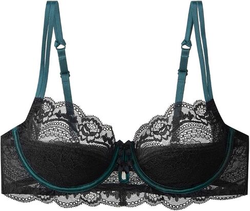 Women's Unlined Lace Balconette Bra Sheer Mesh Underwire Demi Cup Lightweight Support with Natural Push Up Effect in Kuwait