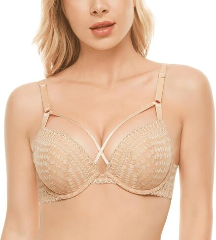 Deyllo Women's Push Up Strappy Lace Underwire Padded Bra Add One Cup in Kuwait