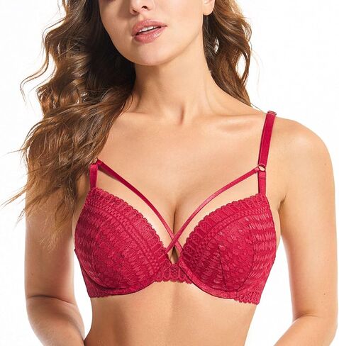 Deyllo Women's Push Up Strappy Lace Underwire Padded Bra Add One Cup in Kuwait