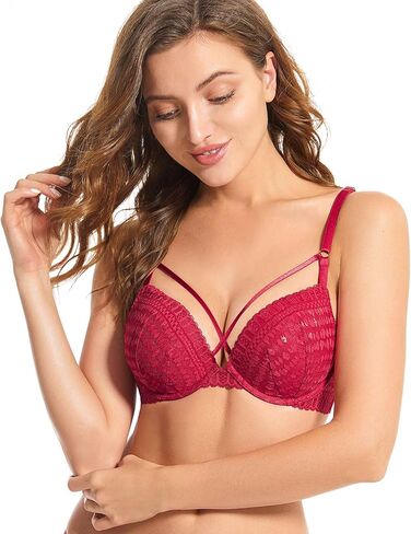 Deyllo Women's Push Up Strappy Lace Underwire Padded Bra Add One Cup in Kuwait