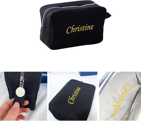 GOPHIE Personalized Embroidered Makeup Bag,Custom Waffle Fabric Cosmetic Pouch for Women, Travel Makeup Pouch (1, White) in Kuwait