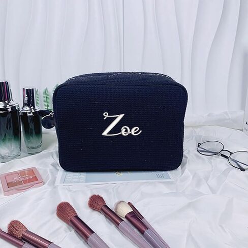 GOPHIE Personalized Embroidered Makeup Bag,Custom Waffle Fabric Cosmetic Pouch for Women, Travel Makeup Pouch (1, White) in Kuwait