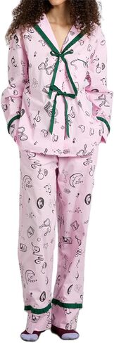 Thopavenoir Women 2 Piece Christmas Pajamas Set Cute Bow Tie Long Sleeve Button Down Shirt High Waist Wide Leg Pants Pj Set in Kuwait
