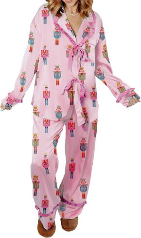 Thopavenoir Women 2 Piece Christmas Pajamas Set Cute Bow Tie Long Sleeve Button Down Shirt High Waist Wide Leg Pants Pj Set in Kuwait