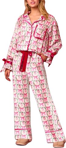 Thopavenoir Women 2 Piece Christmas Pajamas Set Cute Bow Tie Long Sleeve Button Down Shirt High Waist Wide Leg Pants Pj Set in Kuwait