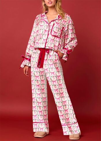 Thopavenoir Women 2 Piece Christmas Pajamas Set Cute Bow Tie Long Sleeve Button Down Shirt High Waist Wide Leg Pants Pj Set in Kuwait