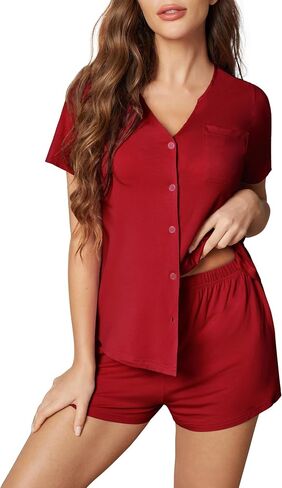 Split Short Pajamas Set for Women Short Sleeve V Neck Sleepwear Button Down Nightwear Pjs Lounge Sets in Kuwait