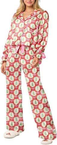 Argeousgor Women 2 Piece Christmas Pajamas Set Bow Tie Long Sleeve Button Shirts Ruffle Pants Cute Pjs Sets Sleepwear in Saudi Arabia