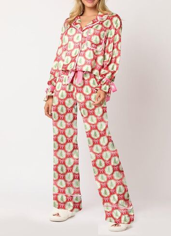 Argeousgor Women 2 Piece Christmas Pajamas Set Bow Tie Long Sleeve Button Shirts Ruffle Pants Cute Pjs Sets Sleepwear in Saudi Arabia