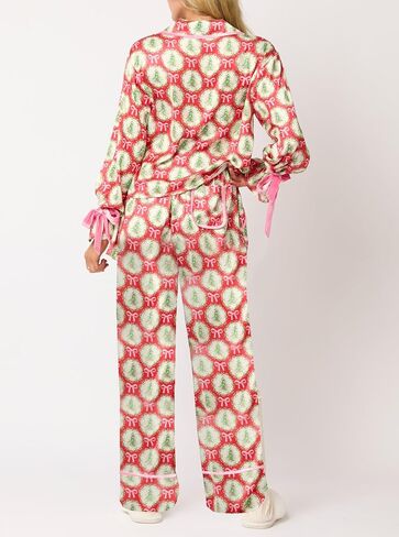Argeousgor Women 2 Piece Christmas Pajamas Set Bow Tie Long Sleeve Button Shirts Ruffle Pants Cute Pjs Sets Sleepwear in Saudi Arabia