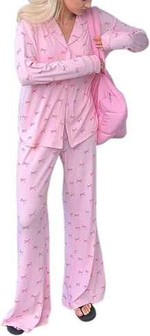 Bocymolay Women 2 Piece Pajamas Set Y2k Printed Button Long Sleeve Shirt Wide Leg Pants Loungewear Pjs Outfits in Kuwait